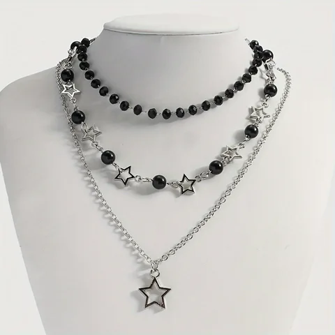 2025 New 3Pcs/set Vintage Punk Star Simulated Pearl Pendant Necklace For Women Silver Color Clavicle Chain Black Beads Necklace