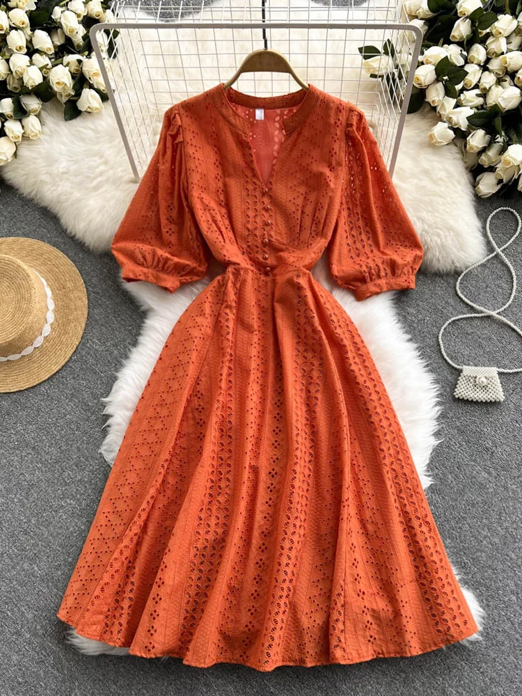 

Croysier Dresses For Women 2022 Elegant Vintage Cutwork Embroidery Dress Collared V Neck Short Puff Sleeve Summer Midi Dress