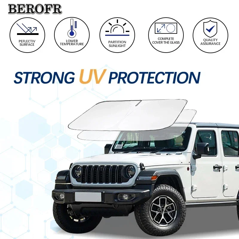 Фото Солнцезащитный козырек на лобовое стекло для Jeep Wrangler JL/JK, складной, защищает от УФ-лучей, сохраняет прохладу в салоне автомобиля №1