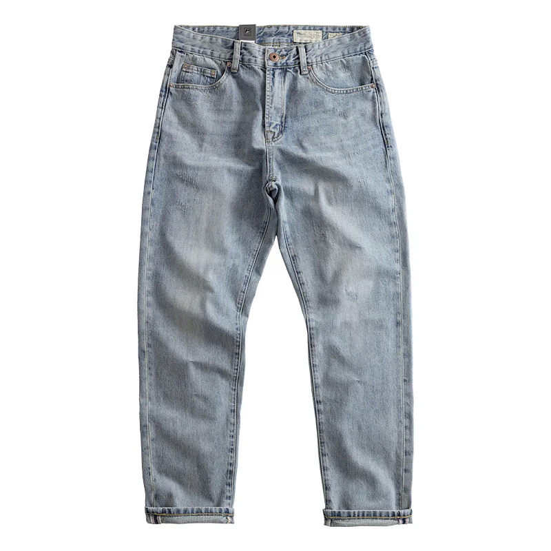 Heavy cotton straight leg jeans retro do old ground white American men's youth casual pants