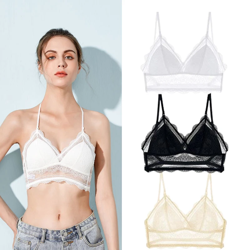 

1pc Sexy Bra Lace Mesh Thin Brassiere Low Back Halter Soft Seamless Elastic Women Lingerie Beauty Back Ladies Encaje Mujer