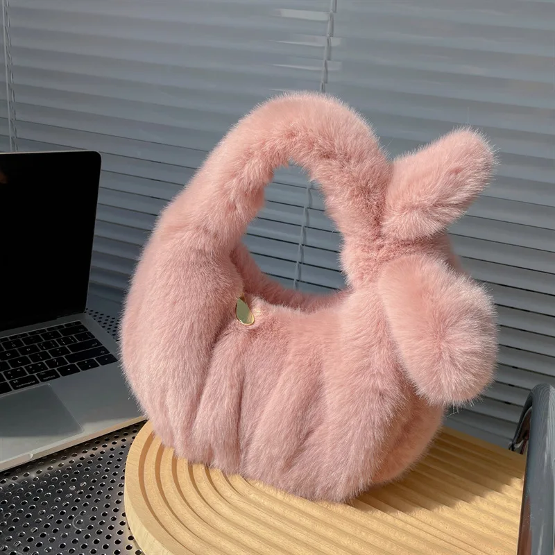 

Cute Bow Pleated Plush Cloud Bag Winter Soft Warm Faux Fur Handbag Solid Color Fluffy Plush Hobo Bag 2022New Arrivals Sac A Main