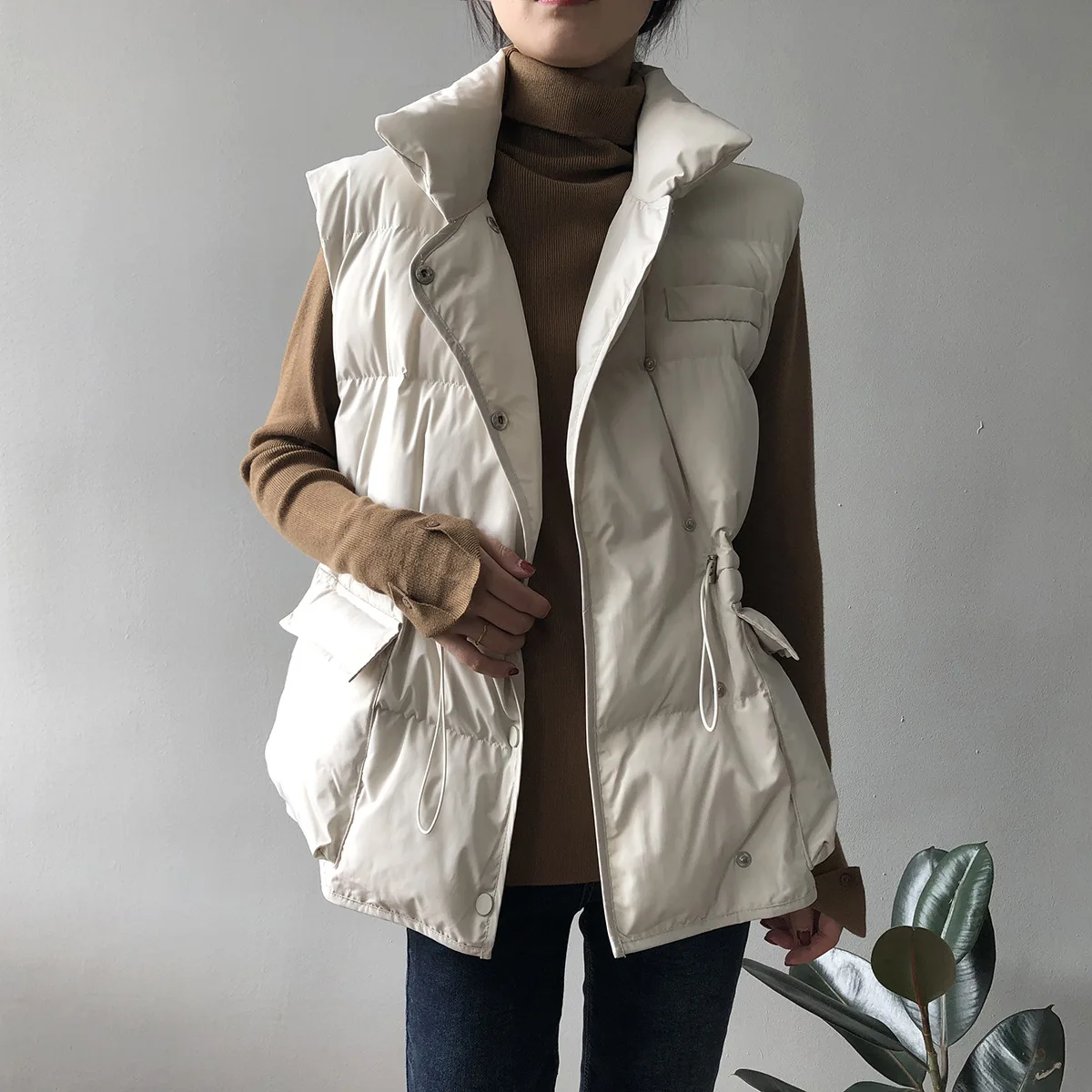 

Women's Cotton-padded Jacket for Autumn and Winter 2021 New Korean Style Loose Stand-up Collar Waist Padded Vest Jacket