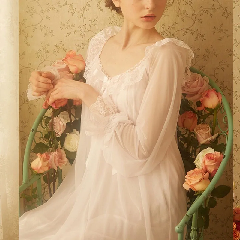 Retro Nightgowns Women Lace Long Sleeve Princess Pajamas French Sexy Nightdress Loungewear Sweet Girls Lovely White Clothing