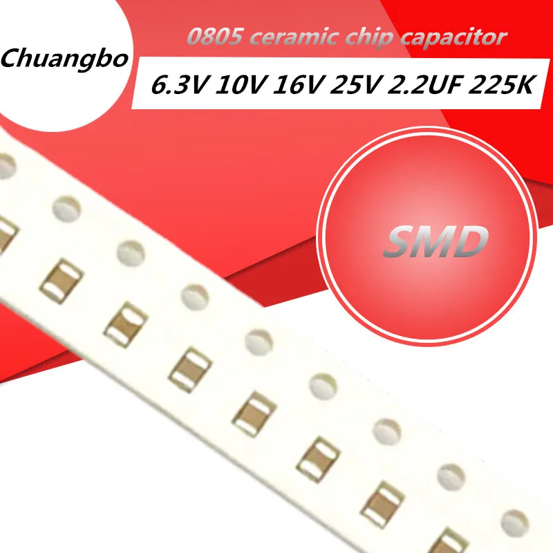 

100pcs ceramic capacitors 0805 225K 2.2UF X5R Error 10% 6.3V 16V 25V 105 SMD Thick Film Chip Multilayer Ceramic Capacitor