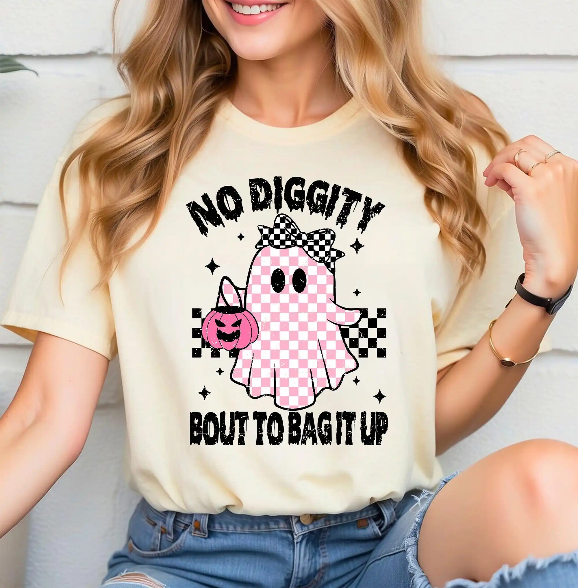 No Diggity Bout To Bag It Up Sweat Футболка Хэллоуин Ретро Призрак Натуральный Жуткий Забавный S