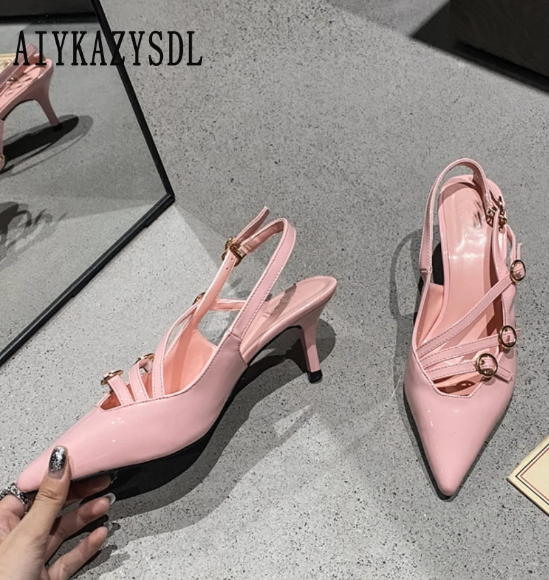 

Женские босоножки на низком каблуке AIYKAZYSDL, офисные сандалии с ремешком на щиколотке и вырезами, обувь для работы, розовые, белые, черные