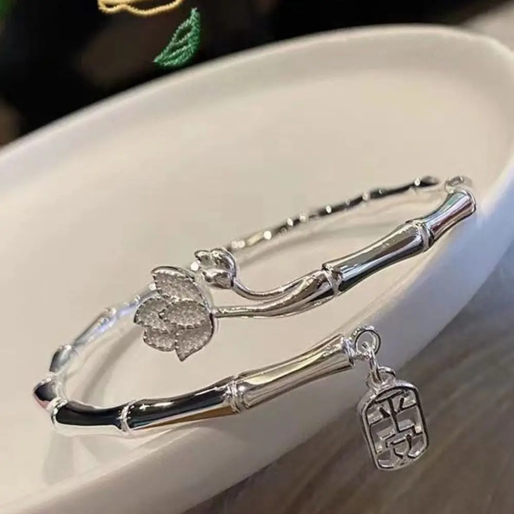 

Lucky Blessing Lotus Bracelet For Women Silver Zircon Bowknot Bell Bangle Wedding Party Jewelry Pulseras Mujer