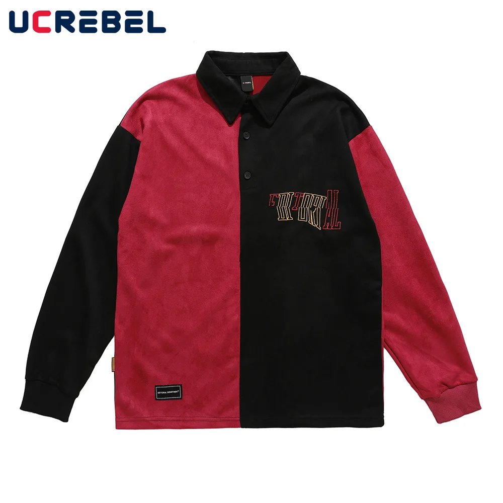 

Рубашка-поло мужская с контрастными панелями, Свободный Топ с длинным рукавом, уличная одежда, полукардиган с вышивкой надписью и лацканами...