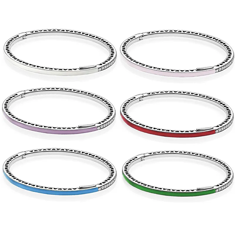 

Original Multicolor Radiant Hearts With Cubic Zirconia Bangle Bracelet Fit 925 Sterling Silver Bead Charm Diy Europe Jewelry