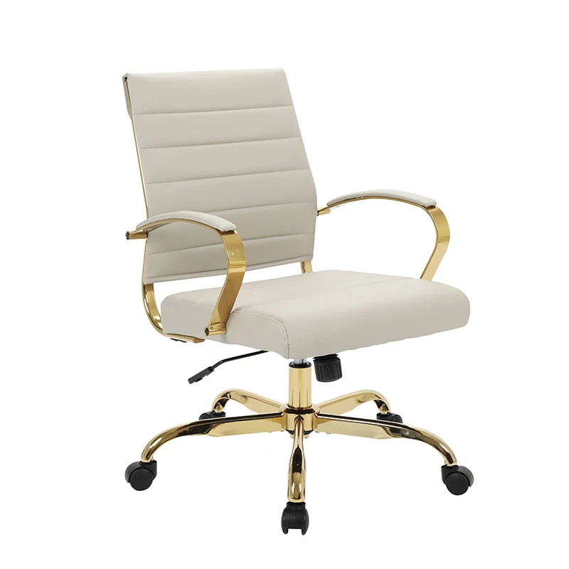 

White PU Leather Executive Furniture Mid Golden Iron Metal Frame Swivel Office Chair