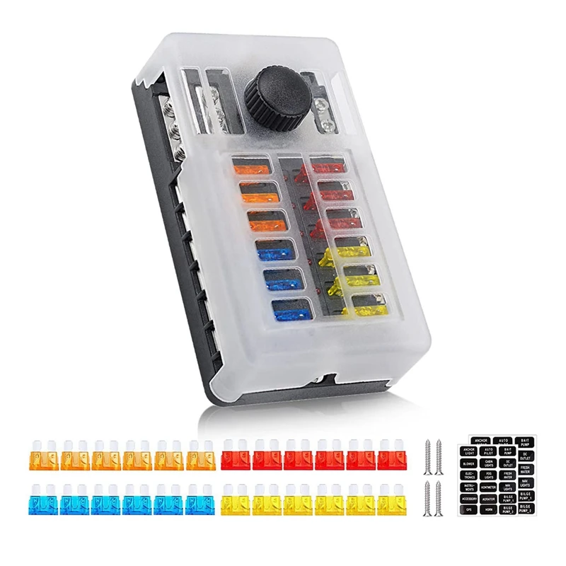 

12 Way 12V Fuse Box 12 Circuit W/Negative Bus Waterproof Fuse Box For 12V/24V Automotive Golf Cart