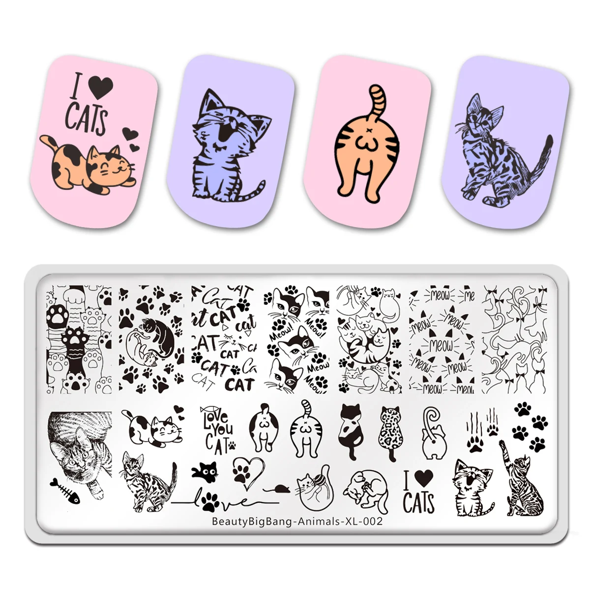 

BeautyBigBang 2022 Nail Stamping Plates Cute Cat Animals Stainless Steel Stencil Mold Nail Art Templates Animals XL-002 6x12cm