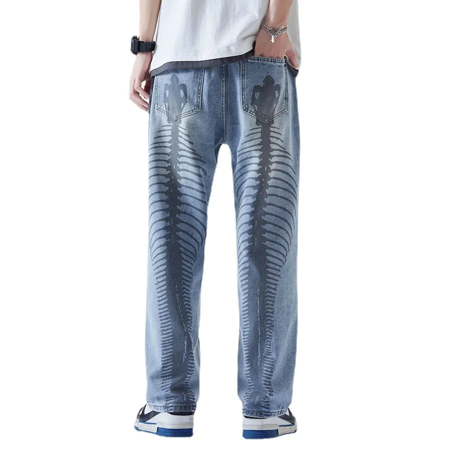 Men's Jeans High Street Fishbone Printed Jeans Men's Korean Version of The Trend of Loose Straight Wide-leg Pants Ins Hot Sale