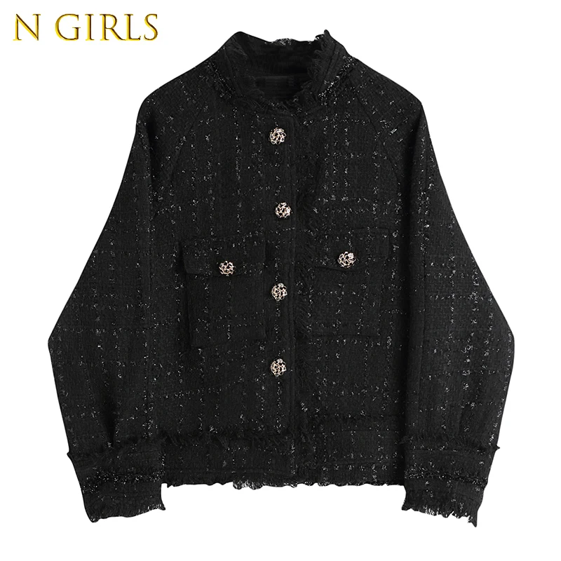 

Casual Tweed Plaid Outwear Coat Women Vintage 2021 Autumn Winter Chic Single Button Long Sleeves Blouse Pocket Female Blazer Top