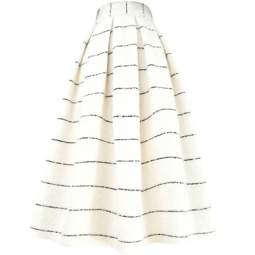 

Winter Striped Tweed Woolen Ball Gown Skirts Women Thick Warm High Waist Party Umbrella Small Fragrance Retro
