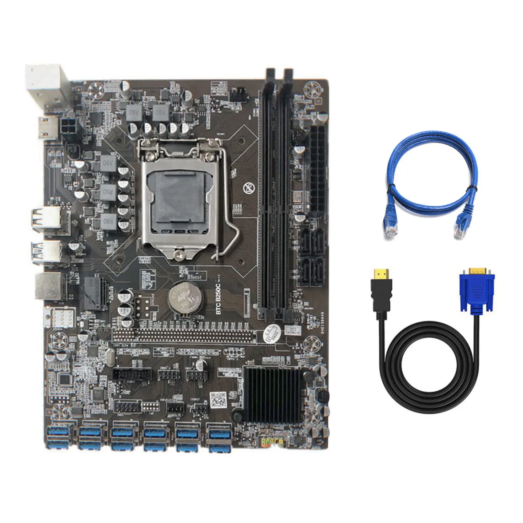 

B250C Mining Motherboard with RJ45 Network Cable+HD to VGA Cable 12 PCIE to USB3.0 GPU Slot LGA1151 Support DDR4 RAM