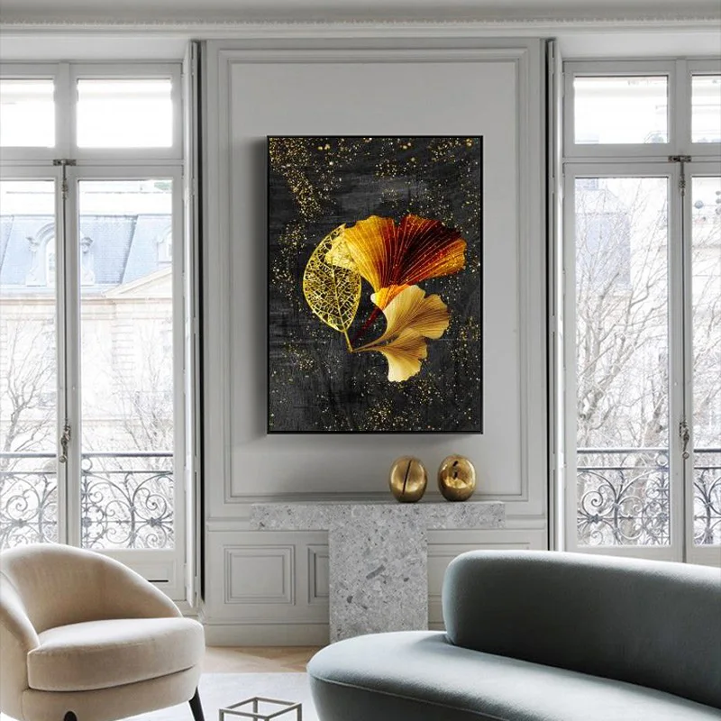 Абстрактная Картина на холсте с золотыми желтыми листьями плакаты и принты