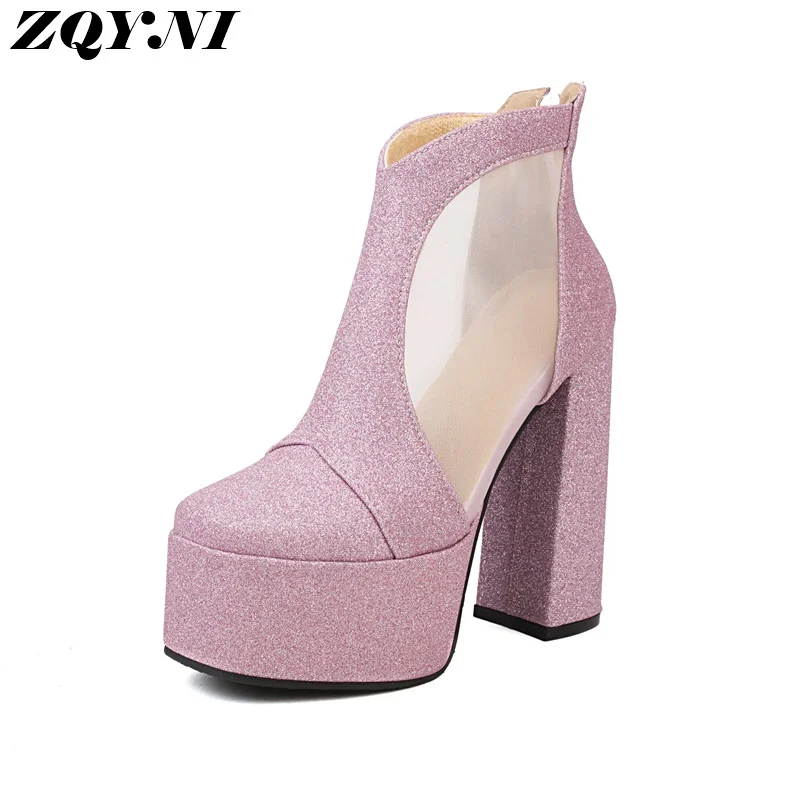

Женские ботильоны ZQYNI на платформе и высоком массивном каблуке, пикантные тонкие вечерние ботинки, размеры 34-43