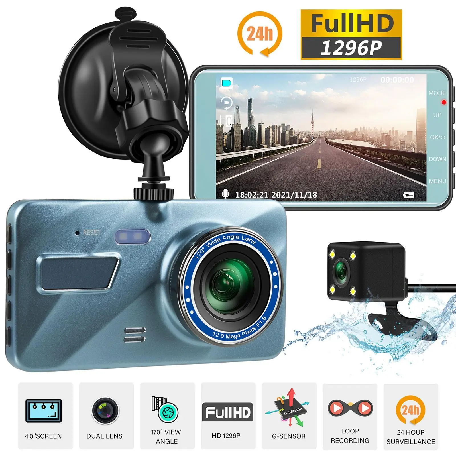 24H Dash Cam Black Box In Car DVR Camera Video Recorder Car Video Recorder Dash Cam Dual Lens HD Cycle Recording Video