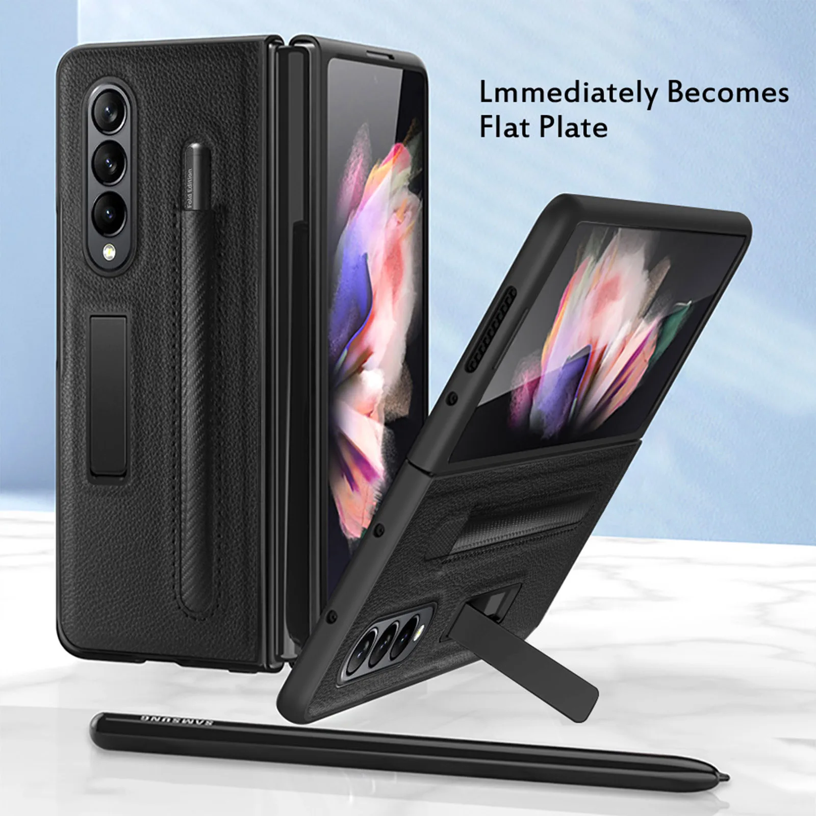 Leather Folding Case for Samsung Galaxy Z Fold 4 5G with Hidden Magnetic Stand PU Leather Shockproof Phone Case with Pen Slot
