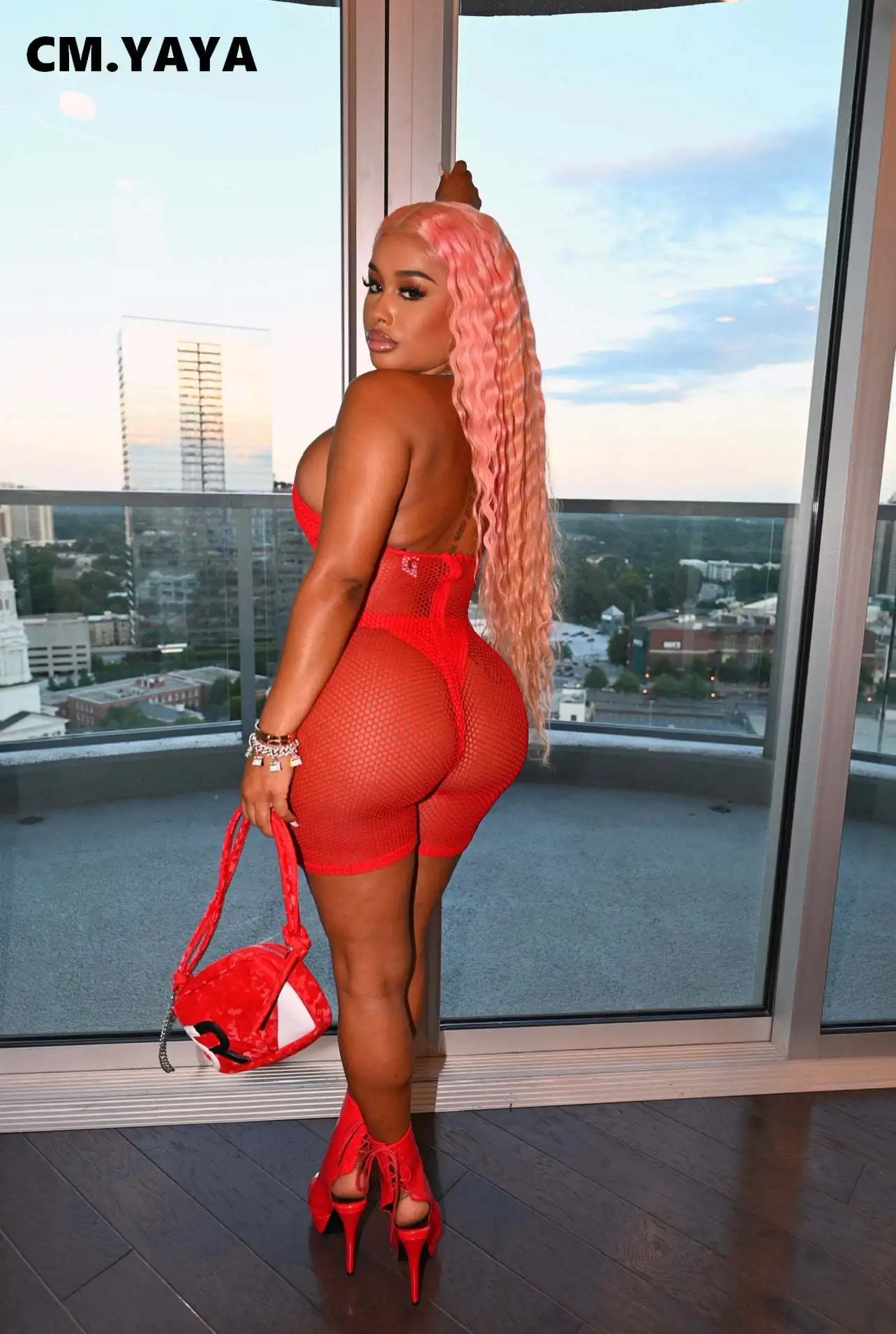 Женский сетчатый прозрачный комбинезон CM.YAYA облегающий эластичный без рукавов с