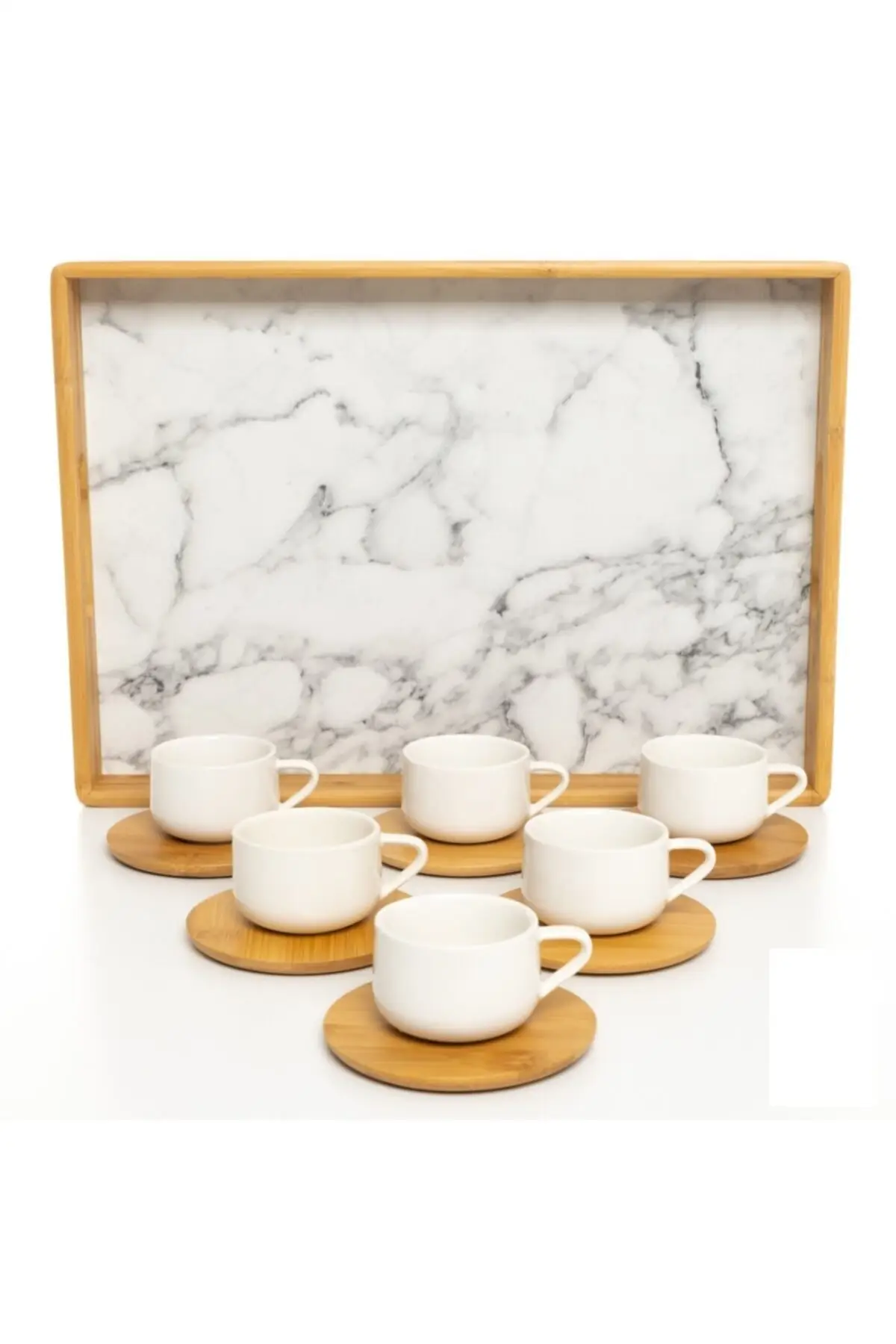 

Amazing Turkish Greek Arabic Coffee & Espresso Cup Set Porcelain Cup 6 Psc. Coffee Set Bamboo White Tray