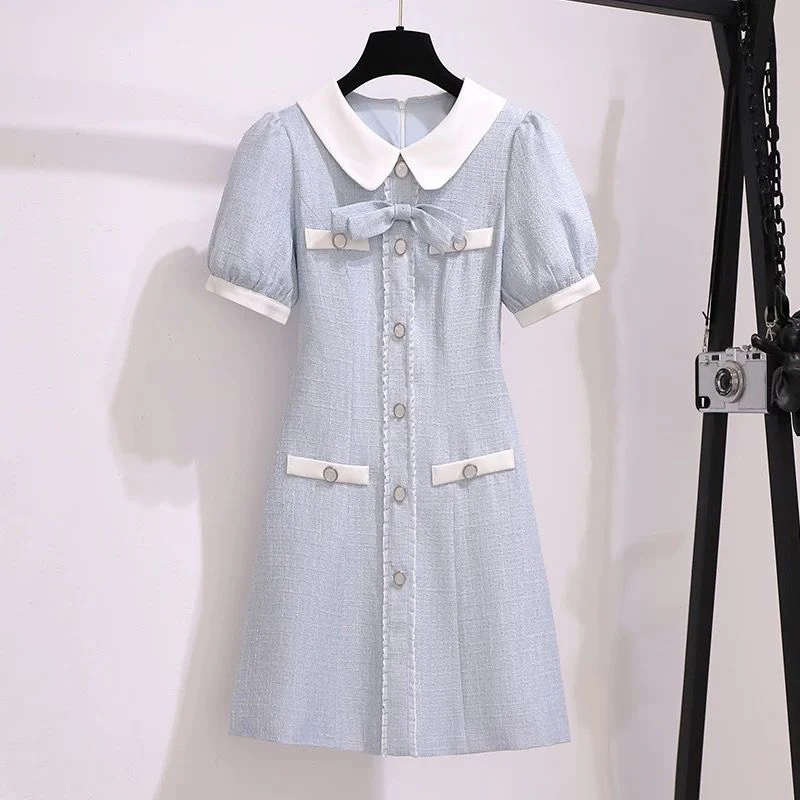 

Vintage Bow Tweed Dress Women Summer Short Puff Sleeve Single-breasted Mini Dress England Style Elegant Dress Female