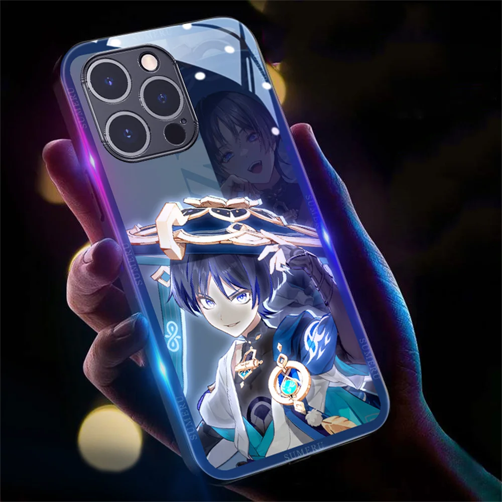 Фото Крутой чехол для iPhone Air 17 16 15 14 13 12 11 Pro Max Plus с мультяшным рисунком Genshin, умной LED-подсветкой и закаленным стеклом №5