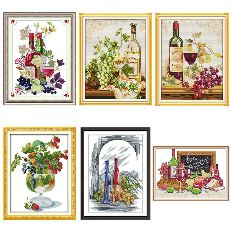 Wine and Wine Glass Print Collection Joy Sunday Cross Stitch Kit New 14CT 11CT White Canvas Print Embroidery Set DIY Hand Sewing