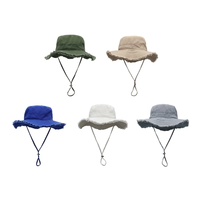 

Unisex Frayed Design Bucket Hat Summer Foldable Fisherman Hat with Adjust Chin Rope Anti-uv Hat for Friend Family 264E