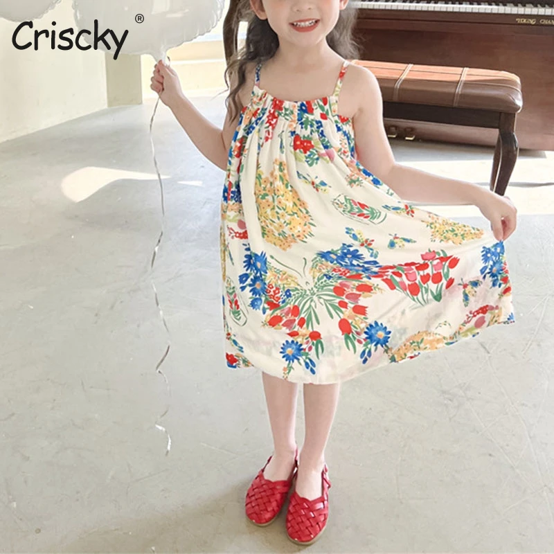 

Criscky Girls Dress Summer Fashion Sleeveless Print Floral Knee Length Slip Dress for Girls Children Clothing for Girls 2022