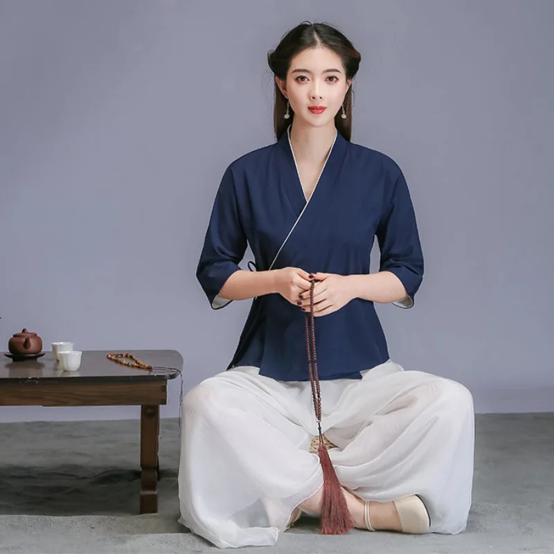 

Improved Tang Suit Hanfu Chinese Style Zen Suit Summer Retro Women Tea Suit Traditional Chinese Clothing for Women