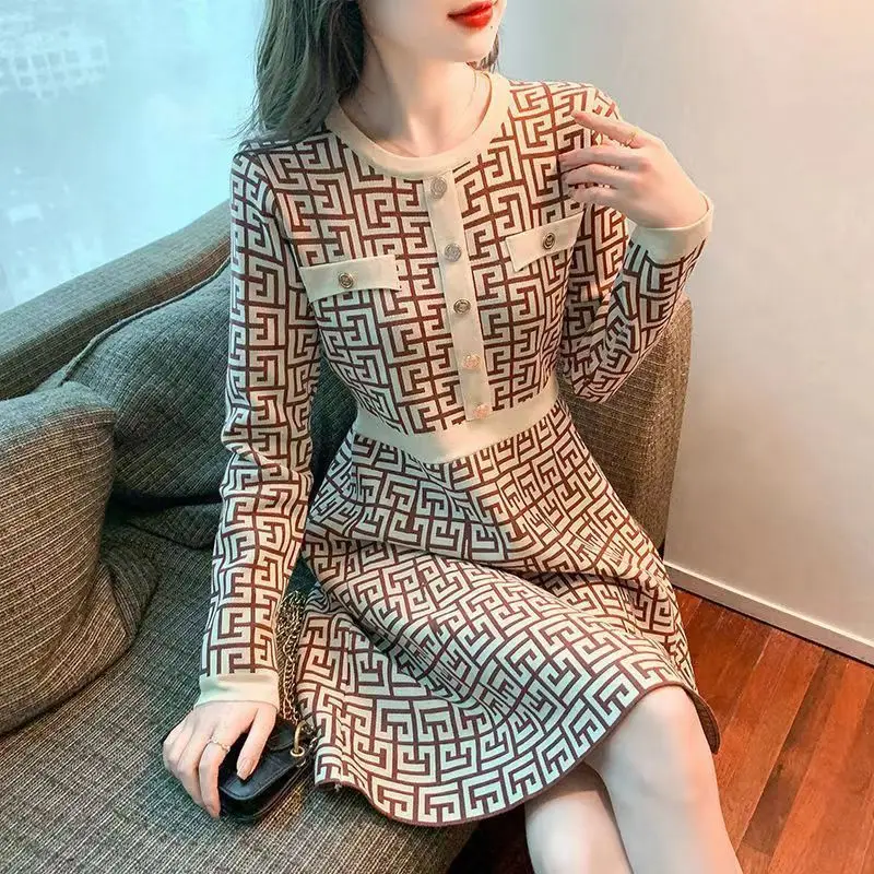 

Women Print Knit Warm Dress Lantern Sleeve O Neck Elastic Elegant Harajuku Female Sweater Winter Slim A Line Dresses