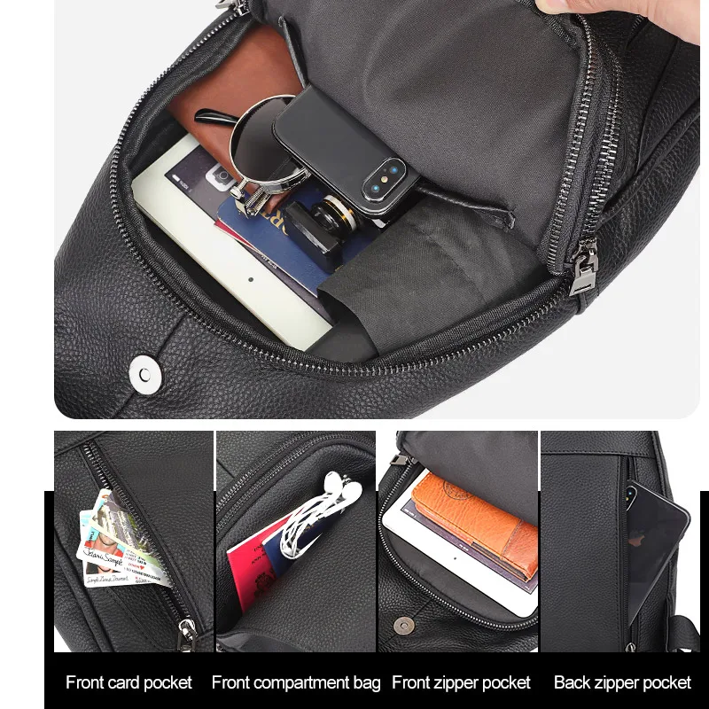 Men's Leather Chest Bag Fashion Top Layer Cowhide Casual Messenger Bag Male Black Leather Shoulder Bag Large-Capacity Sport Bag