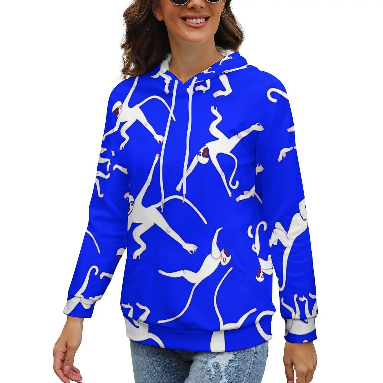 

Худи с длинным рукавом и принтом обезьяны, голубое и белое худи, зимние уличные модные топы оверсайз с графическим принтом