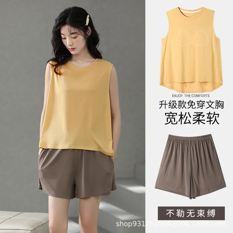 Summer Pajamas for Women New Ice Silk Thin Cool Feeling Sleeveless Sexy Sleepwear Simple Comfortable Style Round Neck Loungewear