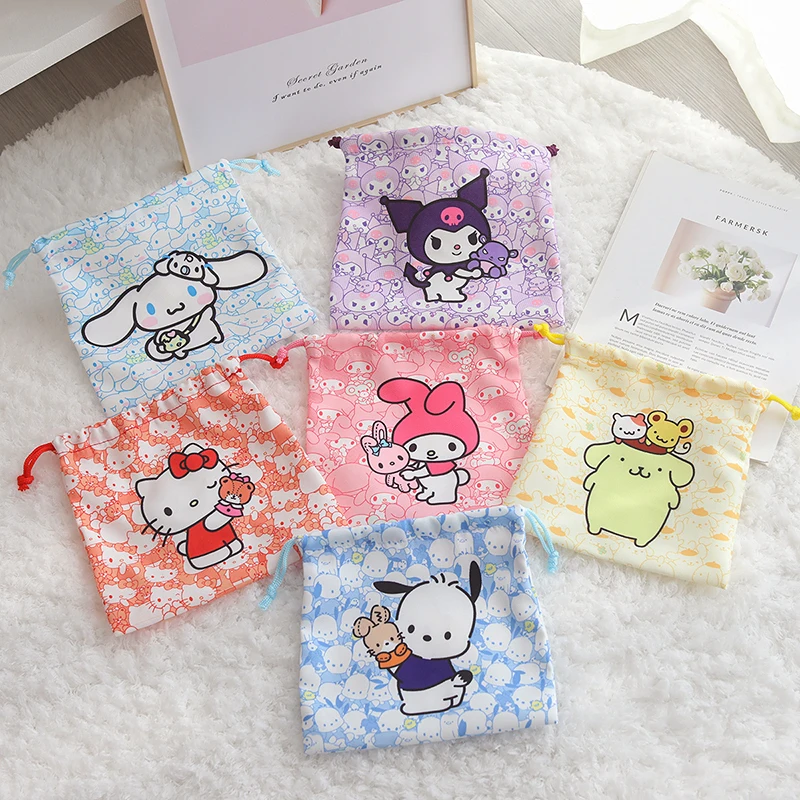 

Kawaii Hellokittys Kuromi Jewelry Packing Cute Anime Figure Purin Dog Pochacco Drawstring Storage Bag Cosmetic Bags Pouches Gift