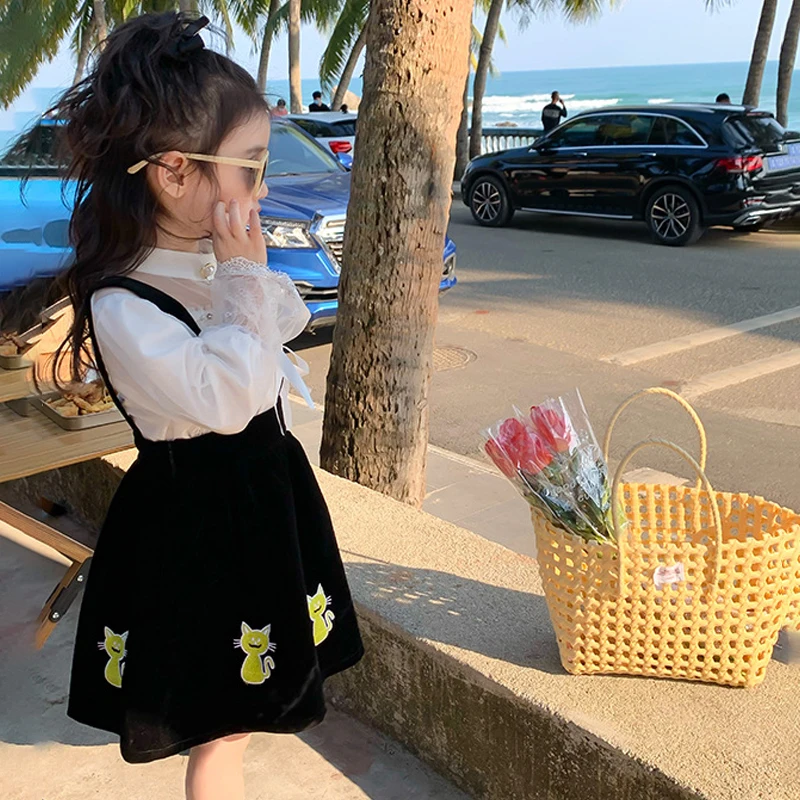 

Демисезонная юбка для девочек, детская юбка на подтяжках, детские юбки, модные юбки с вышивкой кошки