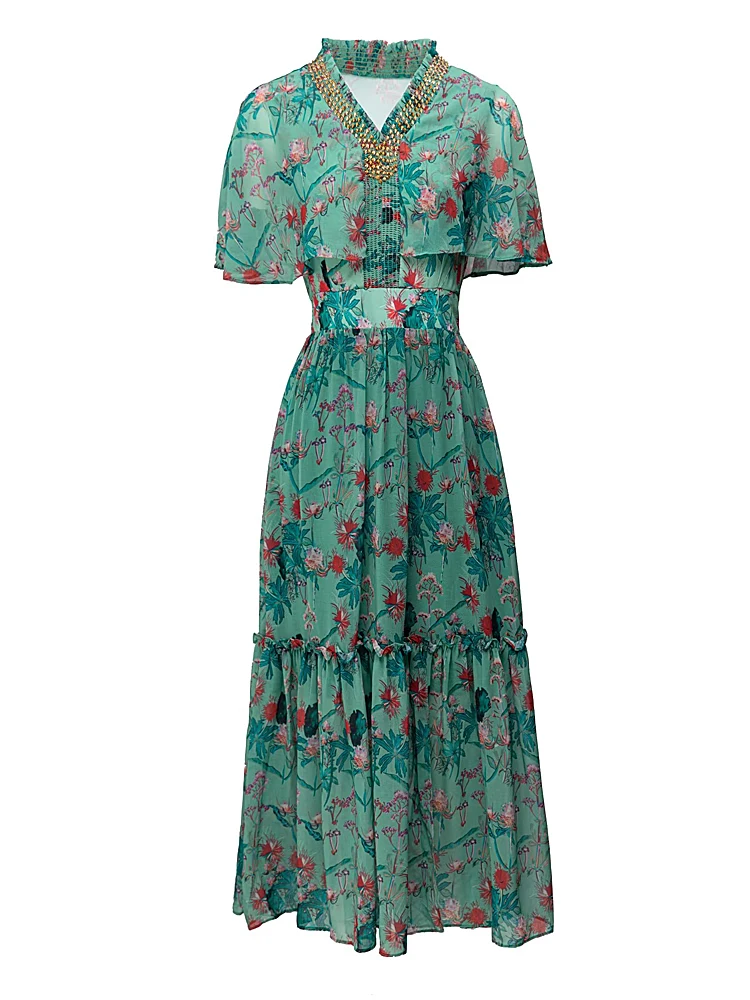 

Женское шифоновое платье-миди с бисером, элегантное приталенное пляжное платье с принтом в богемном стиле для отпуска в повседневном или пляжном стиле, лето