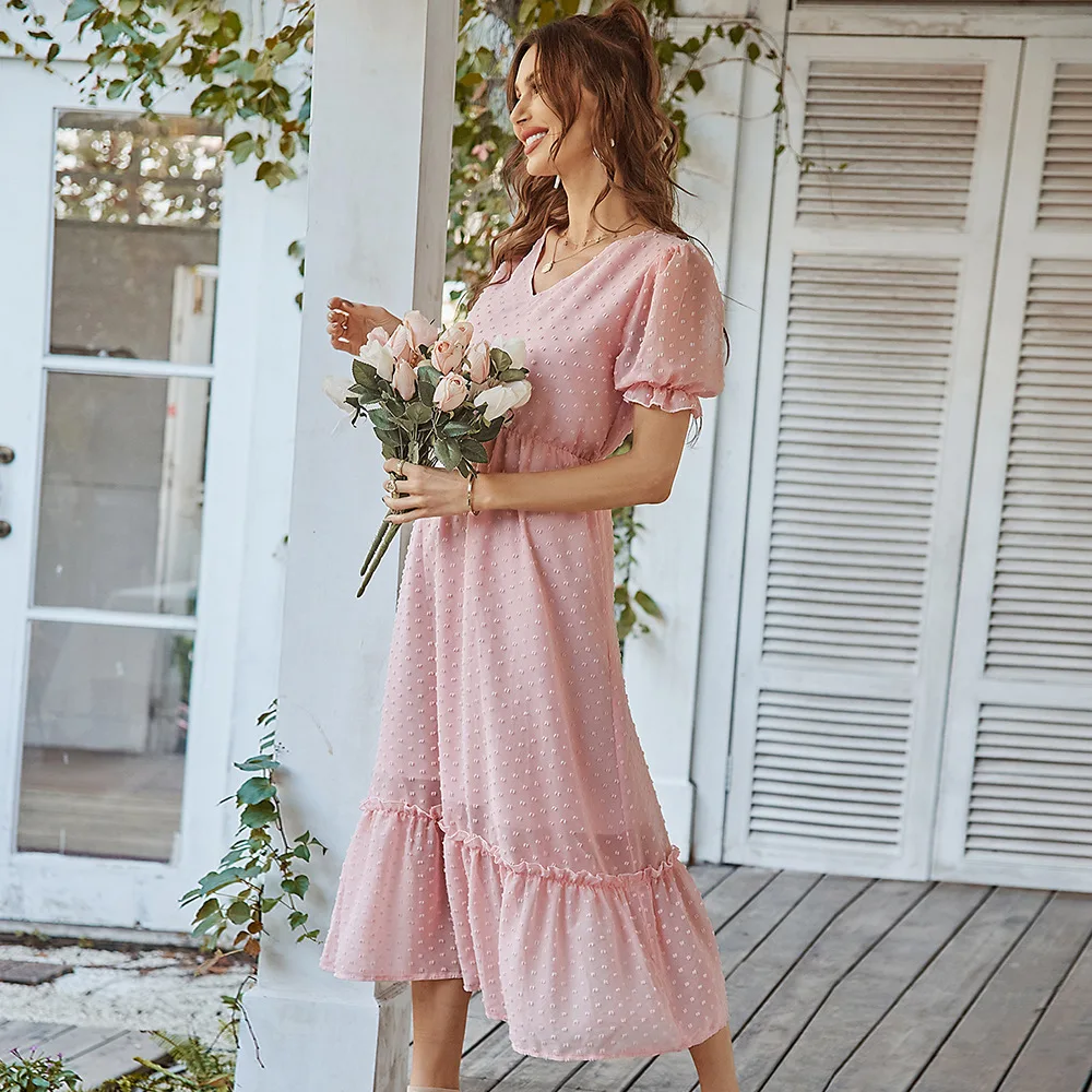 

Fashion Elegant Dress Long Skirt 2022 Summer V-neck Short Sleeve Skirt