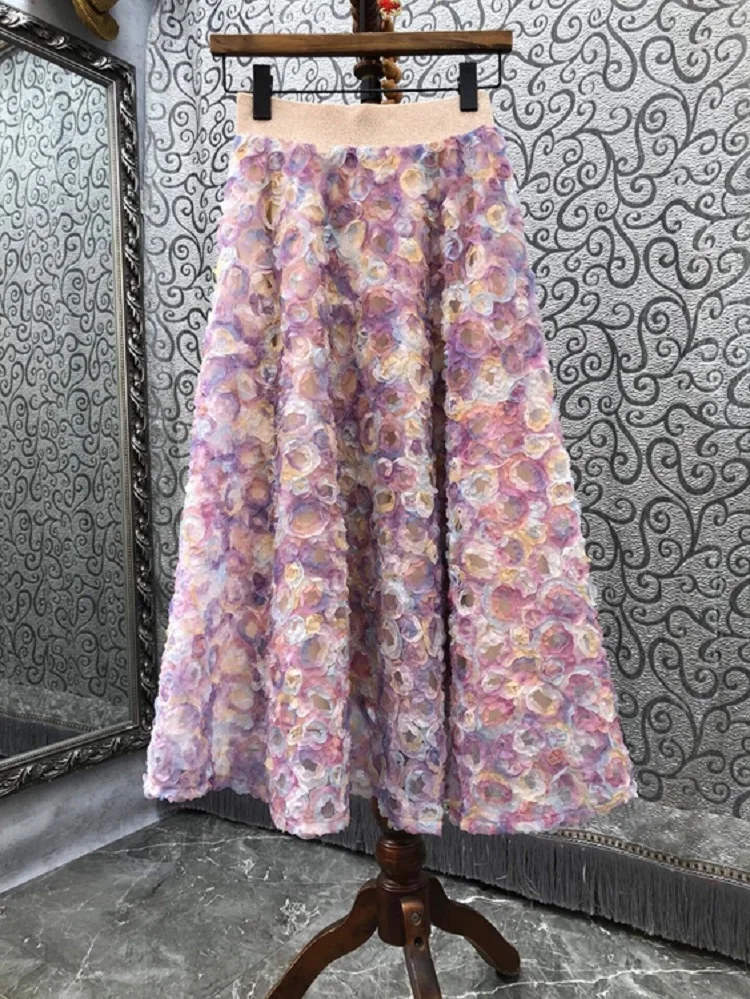 2022 Spring Summer Long Skirts High Quality Women Elastic Waist Appliques Flower Patterns Casual Long Maxi Skirts Purple Yellow
