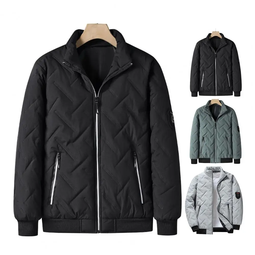 

Men Full Zipper Coat Fashionable Men's Winter Jacket with Zipper Closure Stand Collar Pockets Stylish for Autumn/winter