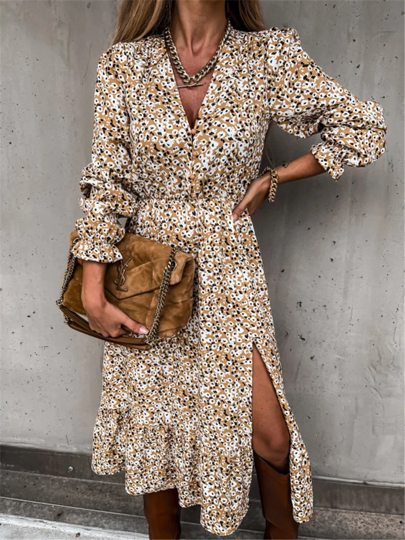

Women's Elegant Fashion Flower Dress Women's Spring and Autumn Chiffon Casual Long Sleeve Printed V-Neck Button Sexy Split Dress