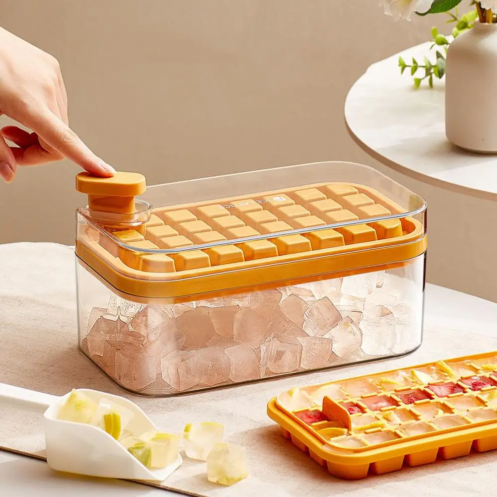 

1 Set Silicone Ice Mold Tray Storage Box with Shovel Single/Double Layer Multiple Grids Press Button Ice Cube Tray Kitchen Tool