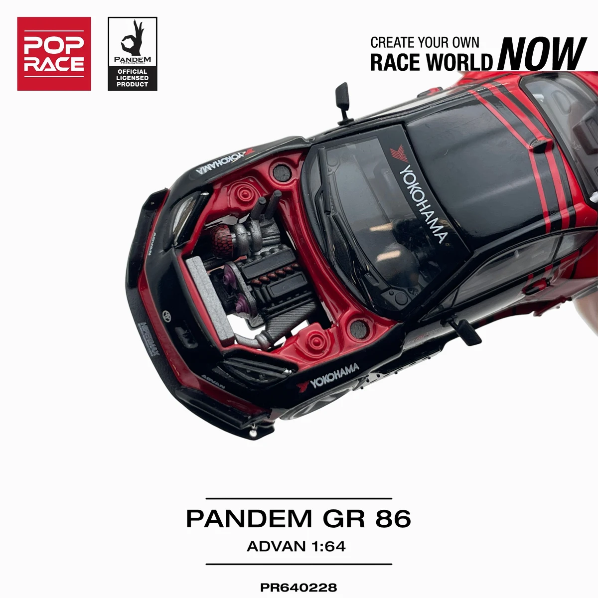 Фото В наличии, готов к отправке: Pop Race PR640228 1:64 Pandem Toyota GR86 Advan Black Red Widebody Open Hood JDM, литая модель автомобиля №3