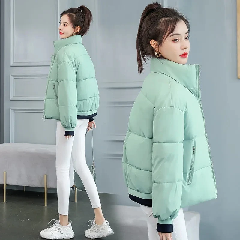 Winter Warm Loose Cotton Padded Parkas Korean Stand Collar Long Sleeve Pockets Thicken Coat Snow Wear Casual Women Short Jackets