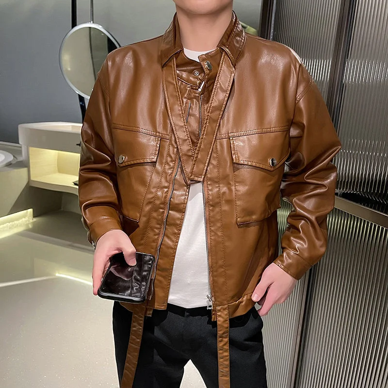 

2022 Luxury Autumn Faux Leather Casual Mens Coats Fashion Slim Fit Man Jackets Lapel Collar Pu Male Jacket Jaqueta Motoqueiro