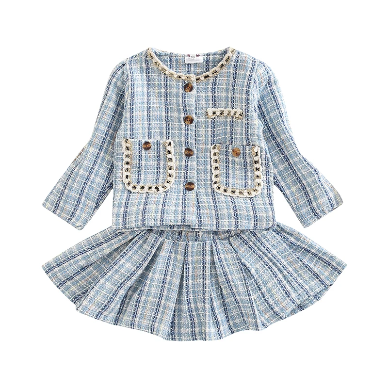 

Одежда для малышей, Роскошный дизайнерский модный наряд в клетку, верхняя одежда на пуговицах с длинным рукавом, плиссированная юбка, компл...