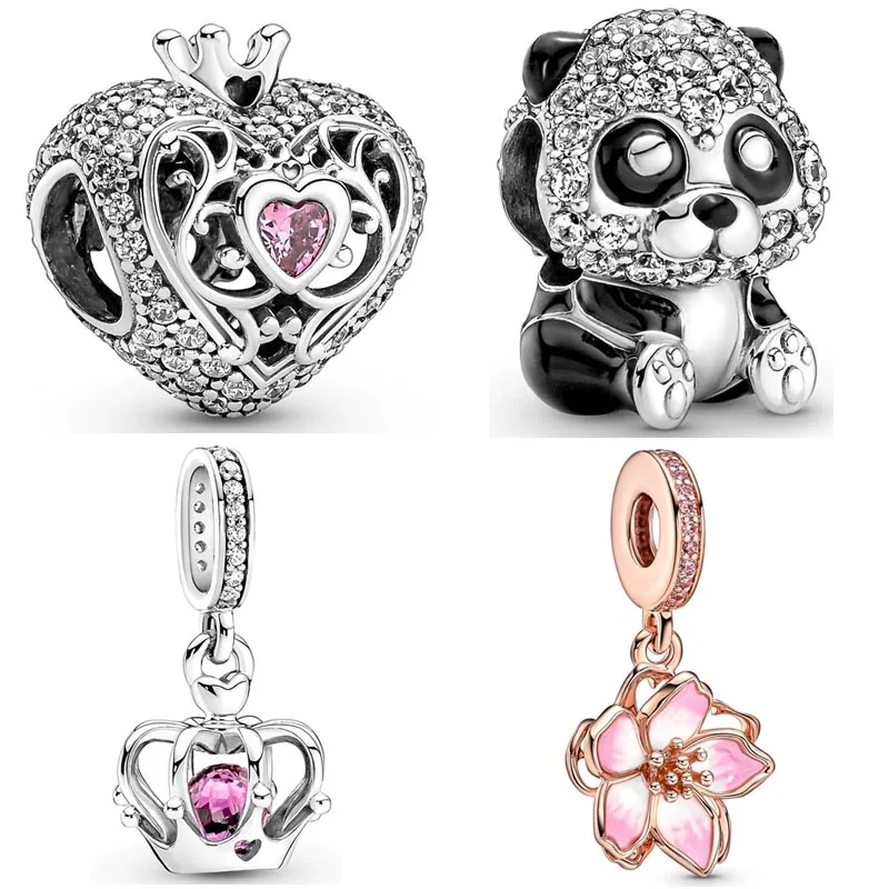 

Sparkling Cute Panda Regal Crown & Heart Cherry Blossom Charm 925 Sterling Silver Beads Fit Pandora Bracelet Diy Jewelry